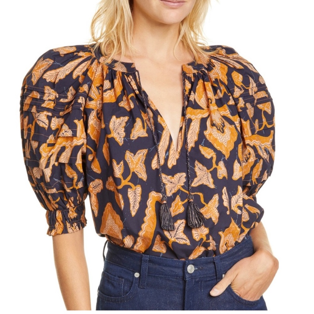 Ulla Johnson Mari Poplin Puff Sleeve Tassel Floral Top Blouse Size XS